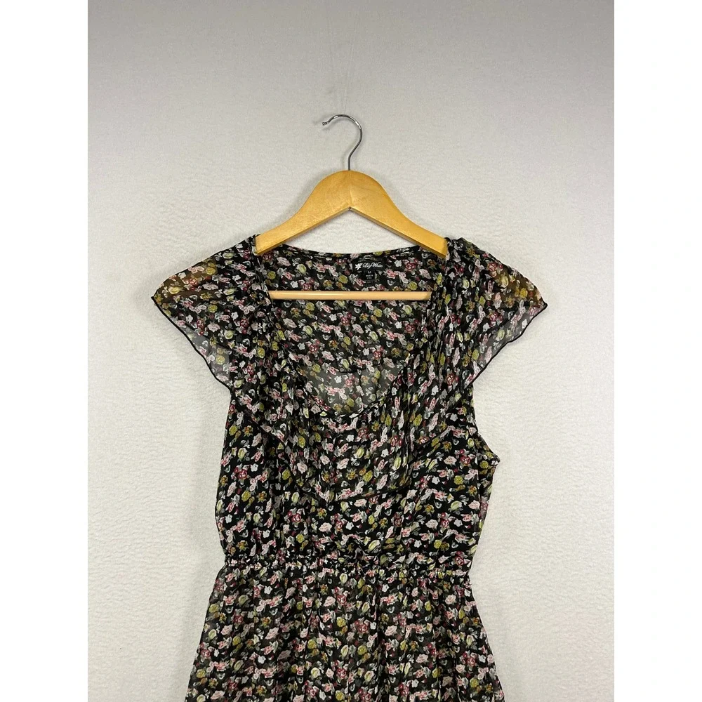 Cottagecore Lily White Womens Medium Black Floral Ruffle Chiffon‎ Mini Dress